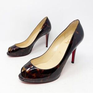 Christian Louboutin Tortoiseshell Patent Peep Toe Heels Womens Size EU 37.5